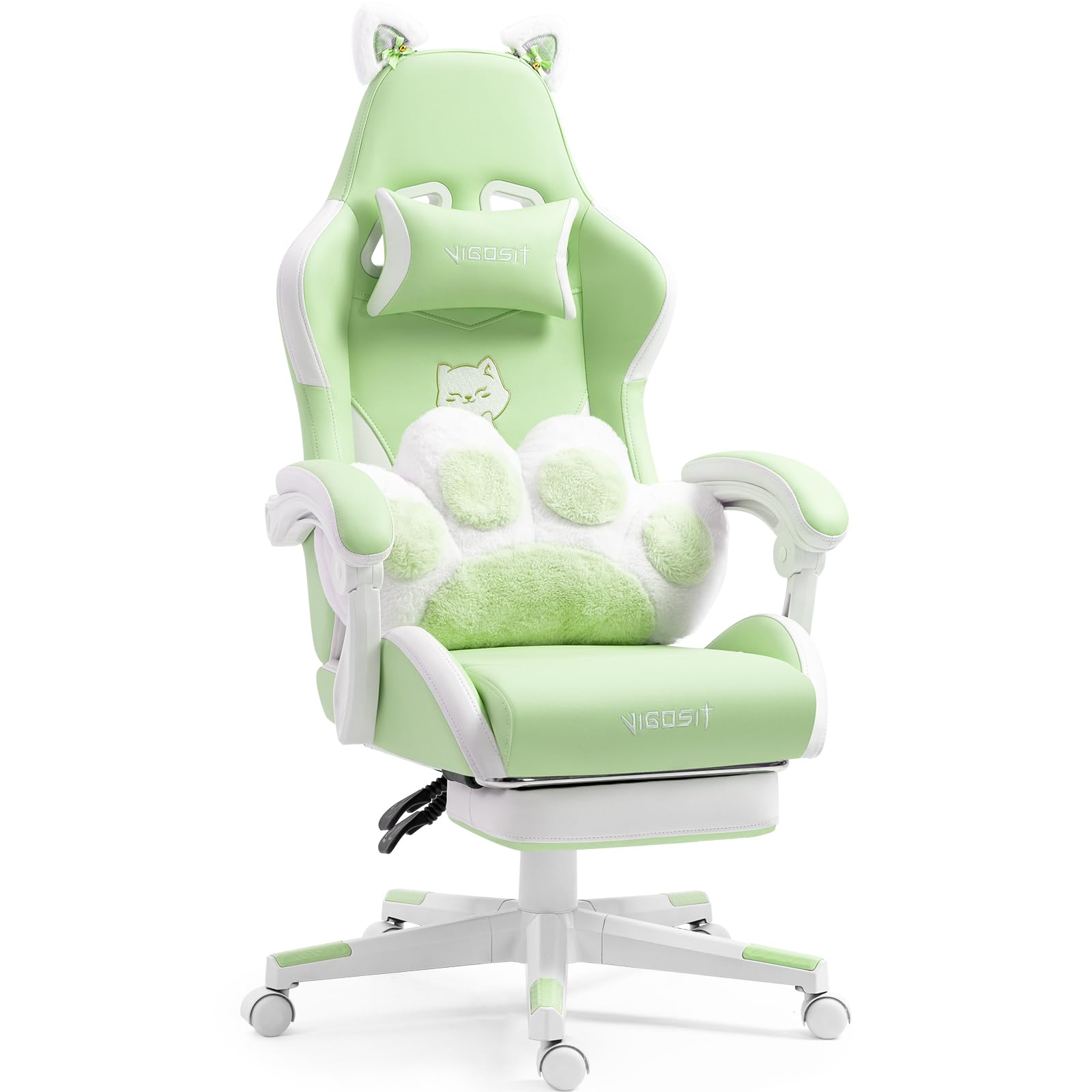 Cute Cat Ears Gaming Chair with Paw Lumbar Cushion, High Back Computer Chair with Footrest, 360° Swivel Height Adjustable Recliner Game Chair for Girls, 300lbs (Green)