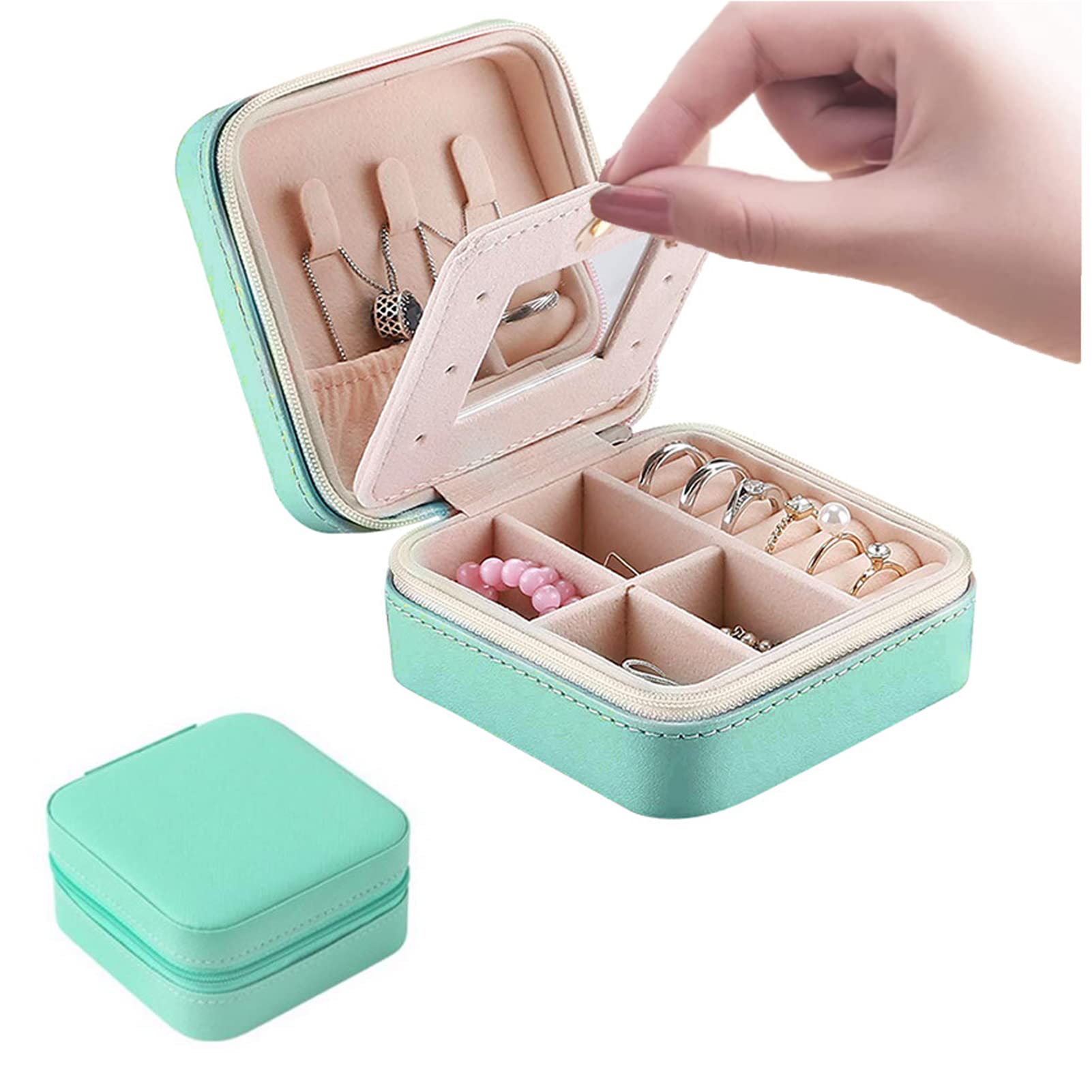 TAME Small Travel Jewelry Box Organizer for Women Girls, Mini Jewelry Box with Mirror, Portable Jewelry Box Travel Mini Storage Organizer Box for Necklaces Rings Bracelets Earrings Gifts