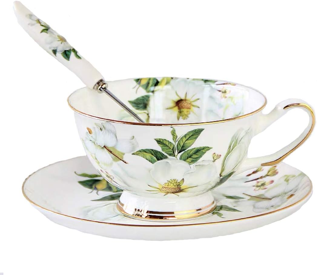 Gift Set Vintage Fine Bone China Tea Cup Spoon and Saucer Set Gold Trim Fine Dining and Table Décor (White Camellia)