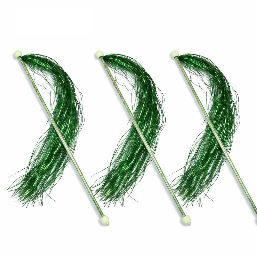 ZACAL Cat Toy Wand Teaser, Interactive Play Set with Rainbow Ribbon, Feather and Plush Worm Attachments, 3 Pack (Green Glitter Sparkle Tassels (Pack of 3)) — image 1