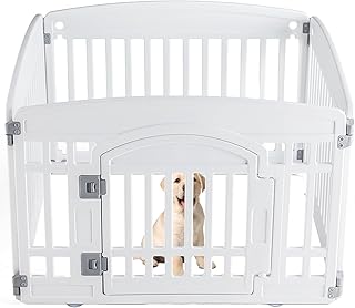 Sweetcrispy Plastic Dog Playpen - 4-Panel 24" Expandable & Durable Pet Fence for Medium Dogs - Indoor & Outdoor Portable Puppy Playpen with Secure Locking Door, White