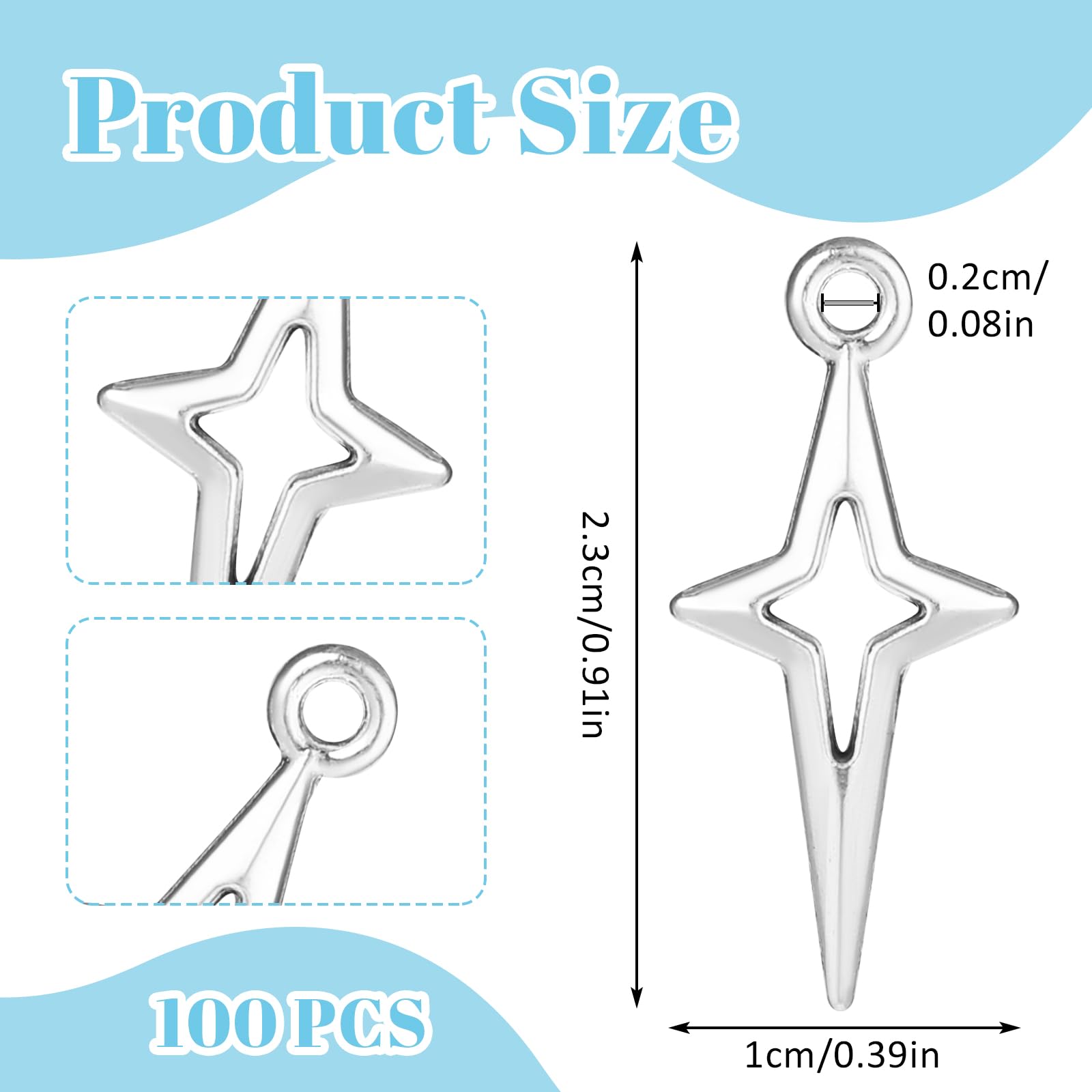 100 dijes de estrella plateada, dijes de estrella para hacer joyas, pequeños dijes de estrella hueca de metal de cuatro puntas para manualidades, pulseras, aretes, collares, colgantes 2