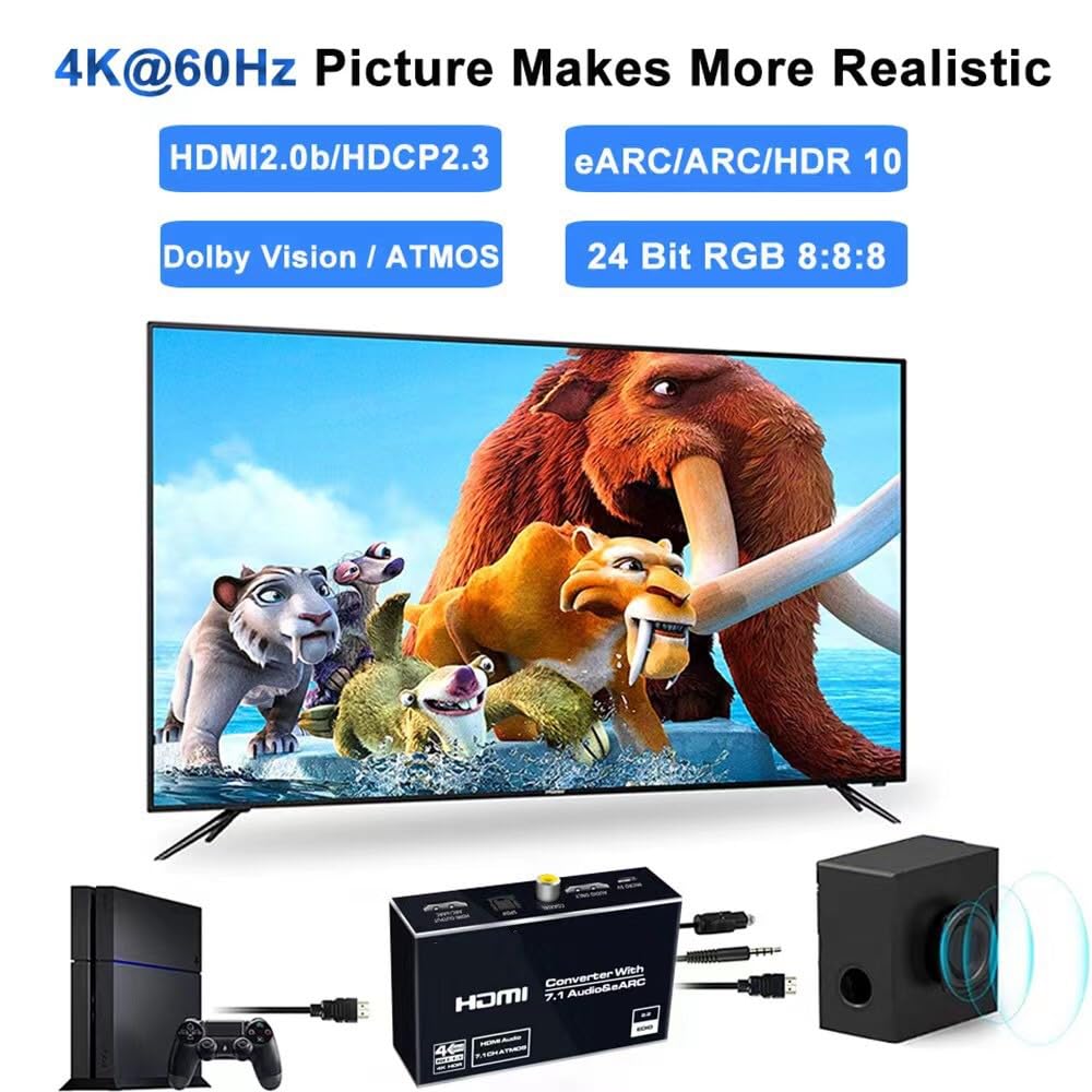 Extractor De Audio HDMI 2.1, Divisor De Extractor De Audio 4K 60 Hz, Óptico + Conector De Audio De 3,5 Mm + Coaxial + Audio HDMI De 7.1 Canales Compatible Con Función ARC Y EARC, Para Cine En Casa