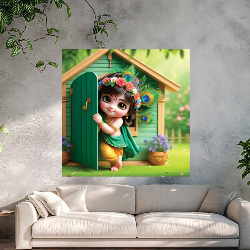 Image of British Terminal Cute little Bal Gopal Baby God Krishna| Kanha Ji | Laddu Lord Makhan Chor Painting Religious Poster for Pregnant Women for wall (matt thin vinyl,sticker,multicolor,unframed)| bj137