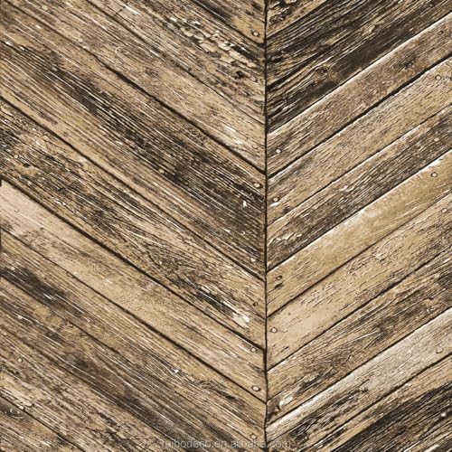 Image of Eurotex Non Adhesive Wallpaper Roll Vintage Herringbone Wood Plank Design for Covering Living Room, Bedroom Walls (PVC, Size- 57sqft, Wooden Plank)