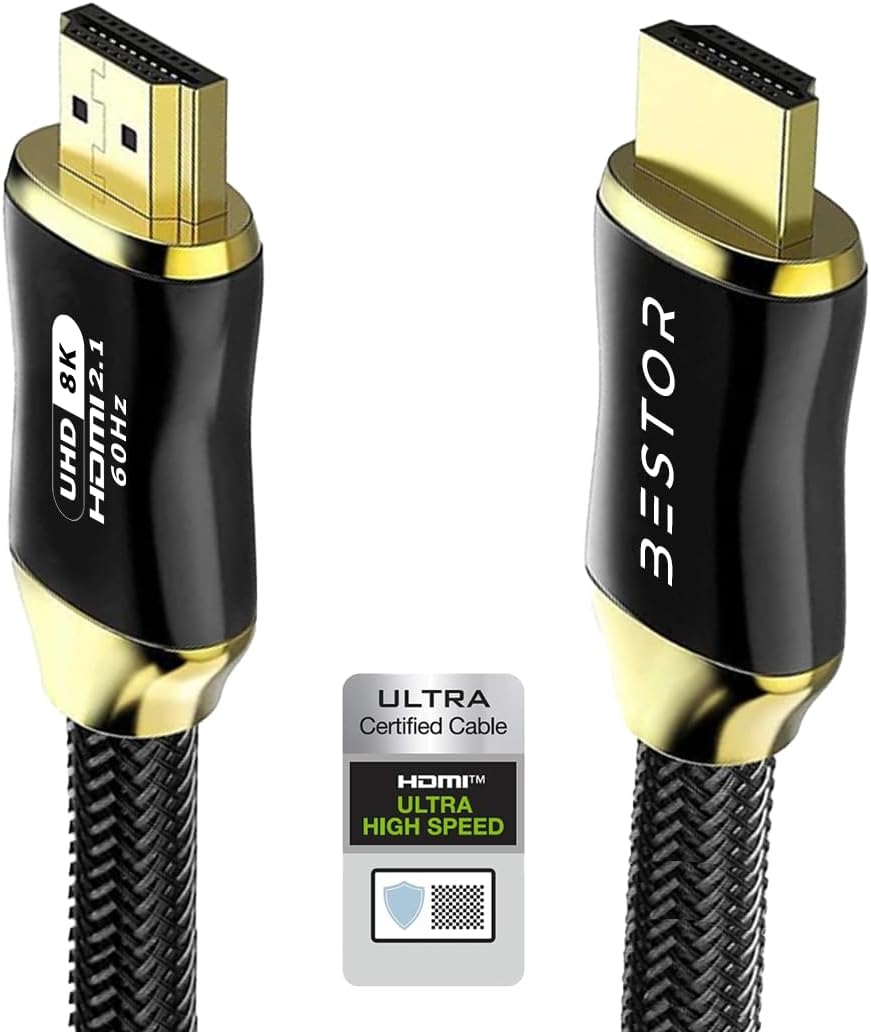 BESTOR 8K HDMI 2.1 Cable 48Gbps Ultra High Speed Braided Cord - 4K@120Hz, 8K@60Hz, HDR10, DTS:X, HDCP 2.3 - Ultra HD Compatible Cable for Gaming Consoles, TVs, Projectors, Home Theater (5 Meter)