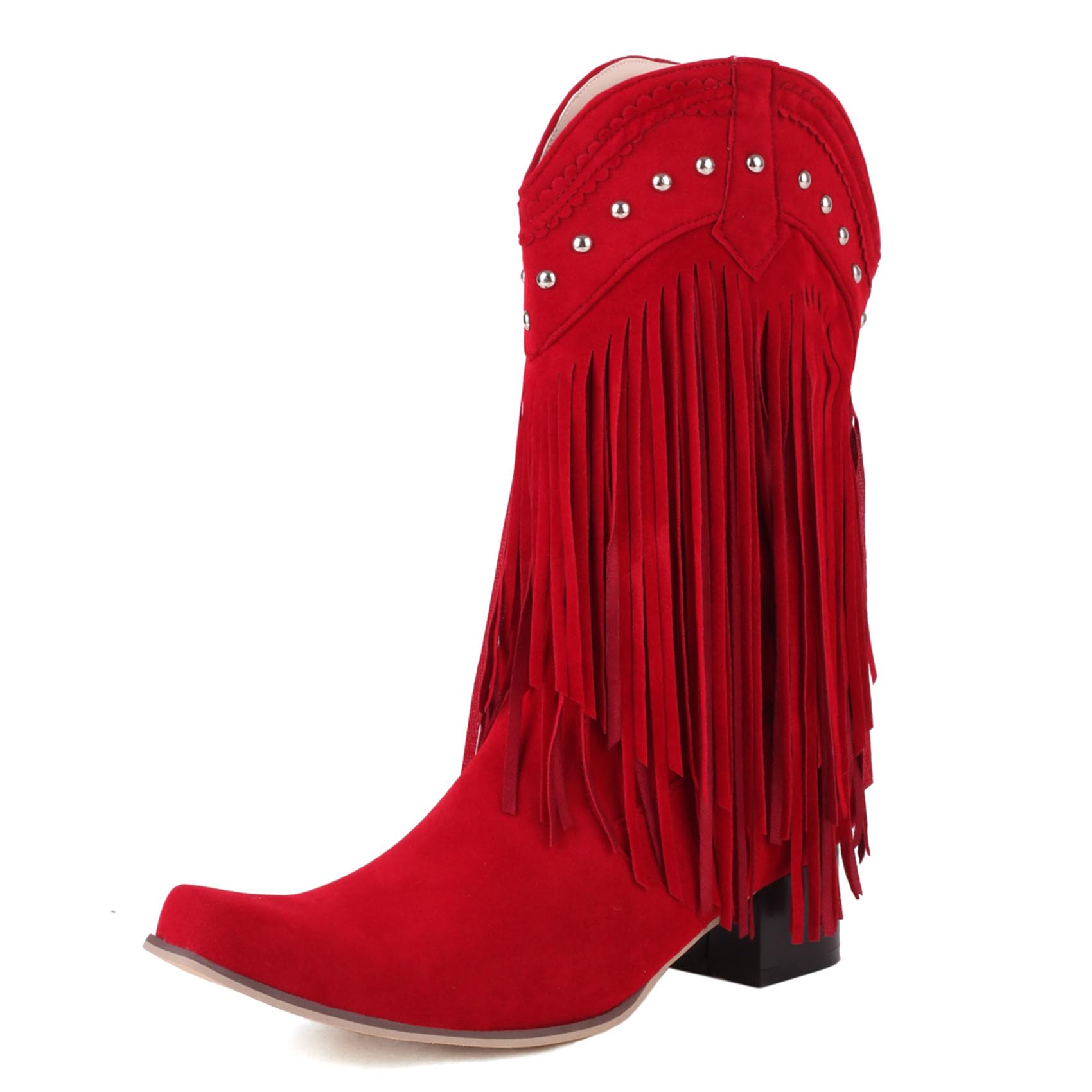 Bellirala Women's Fringe Cowboy Boots with Studded Chunky Heels Mid Calf Western Cowgirl Boots Almond Square Toe Tassel Tall Boots