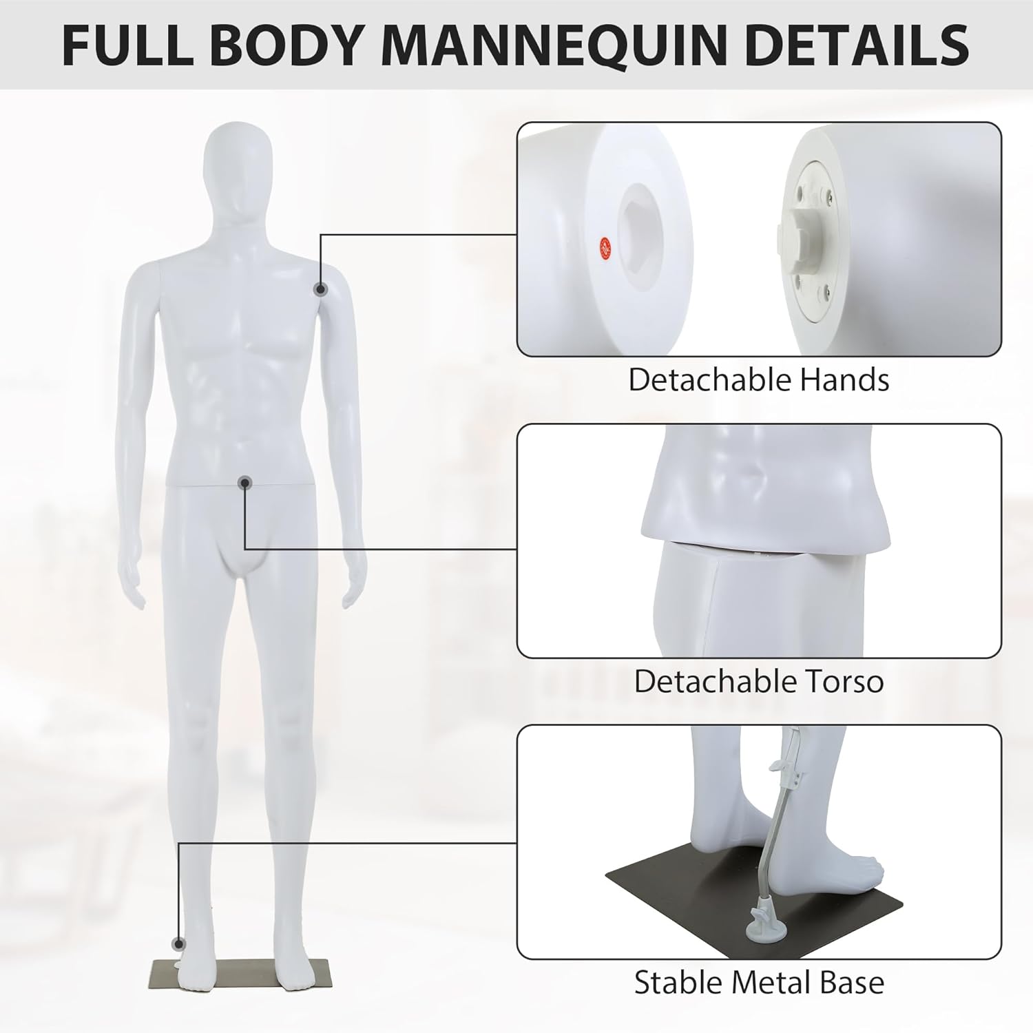 Full Body Male Mannequin 73 inch Poseable Mannequins Adjustable Dress Model Faceless White Mannequin Head Arm Rotatable Detachable with Metal Base Used for Clothing Stores Exhibitions (Male)