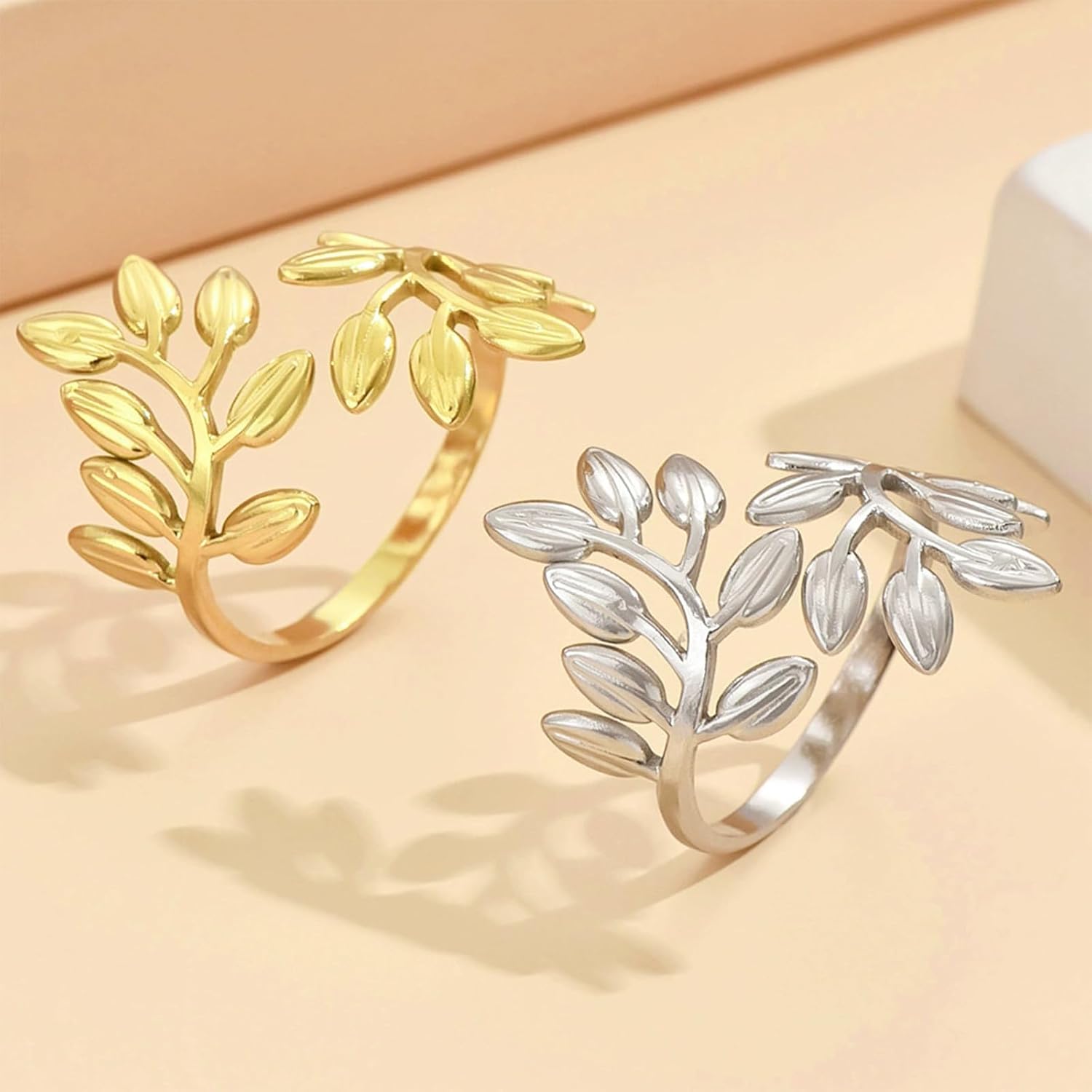 Stainless Steel Leaf Statement Ring for Women Adjustable Open Band Finger Rings Birthday Party Jewelry Gifts - Image 5