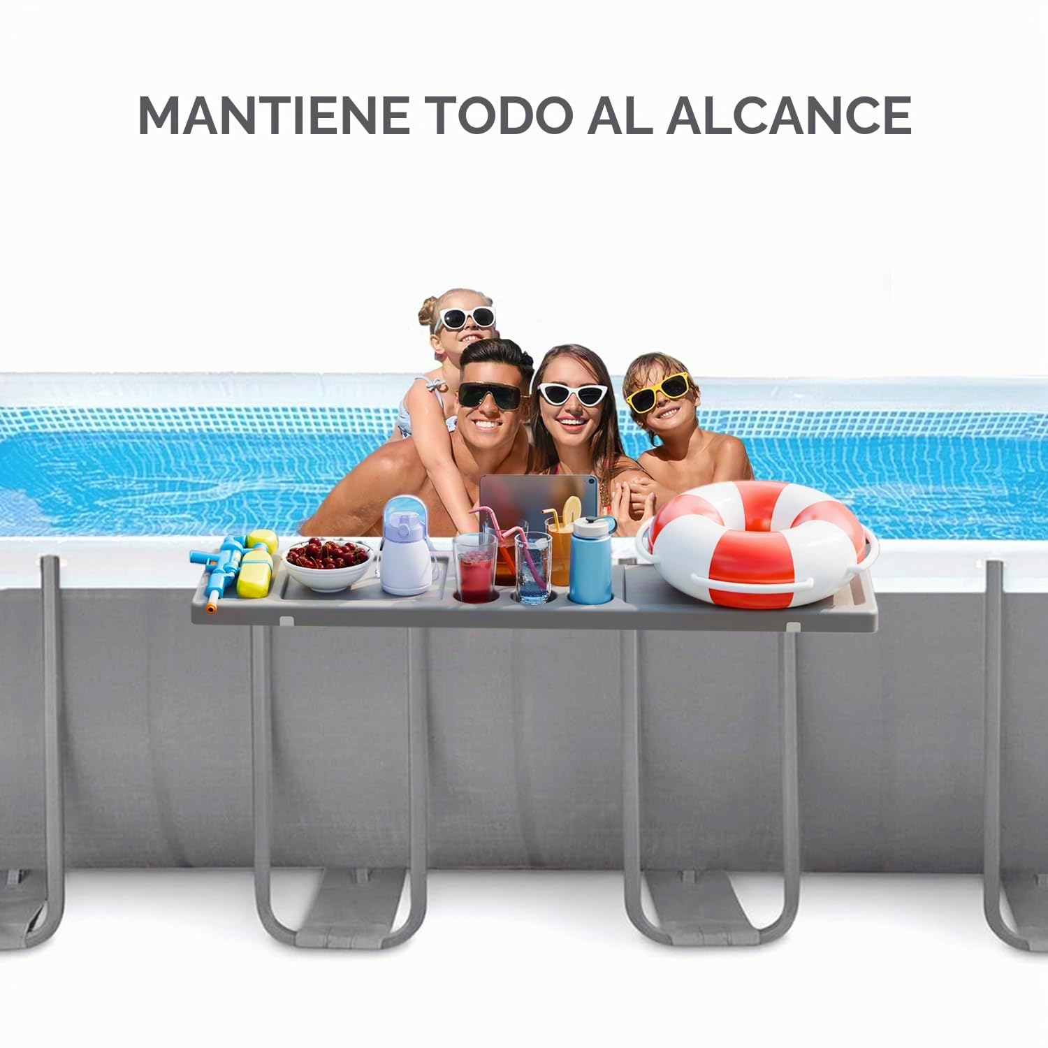 ECO POOLTECH Mesa de Bar de Piscina, Bandeja de Piscina 2 en 1 con 5 Portavasos, Plegable para Piscina Fuera del Suelo, Accesorios de Piscina indispensables