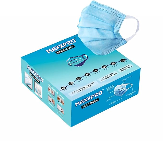 3-Ply Surgical disposable mask With Nose-Pin & wide fabric earloop (IN BOX) meltblown / nonwoven (Blue, Without Valve, Pack Of 100) unisex men women children senior citizen Largavida CE ISO certified