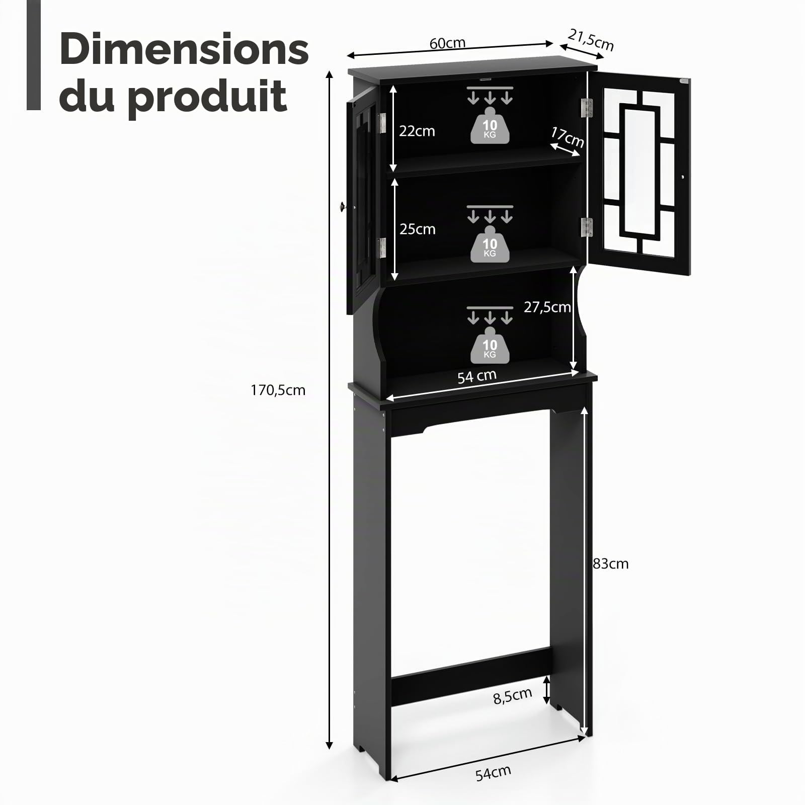 LIFEZEAL Étagère de toilettes, à 3 étages réglables en hauteur, gain de place, en bois, armoire de machine à laver, avec compartiments ouverts, 60 x 22 x 170,5 cm (noir)