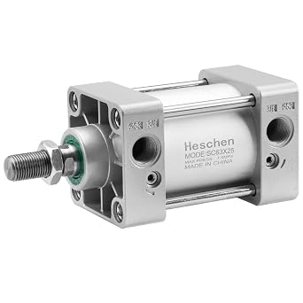 Heschen Tie-Rod Pneumatic Air Cylinder, SC 63-25, 63mm Bore, 25mm Stroke, PT 3/8 Port, Double Acting, Adjustable Cushion, Self-Lubricating Actuator for Industrial & Woodworking