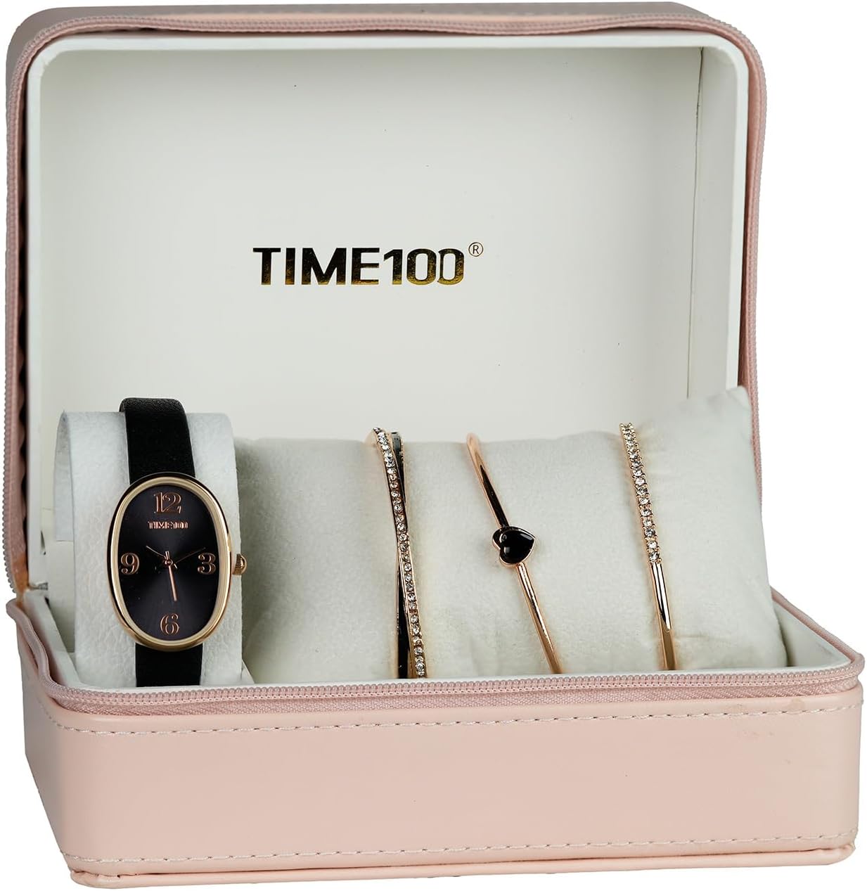 TIME100 Women's Oval Watch and Premium Crystal Accented Bracelet Set, Leather Band - Image 6