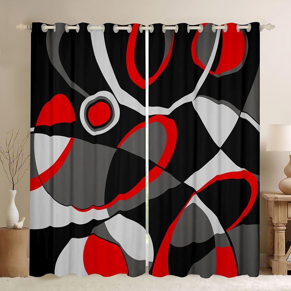 Feelyou Red Grey Black Blackout Curtains Boys Retro Circle Curtains Bedroom Living Room Geometric Swirl Darkening Drapes Kids Abstract Art Window Treatments (2 Panels, 42 x 84 Inch)