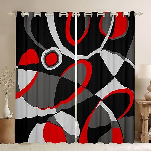 Cortinas opacas con geometría roja, gris, negra, 30% a 50%, para niños, retro, círculos, para dormitorio, sala de estar, cortinas de oscurecimiento