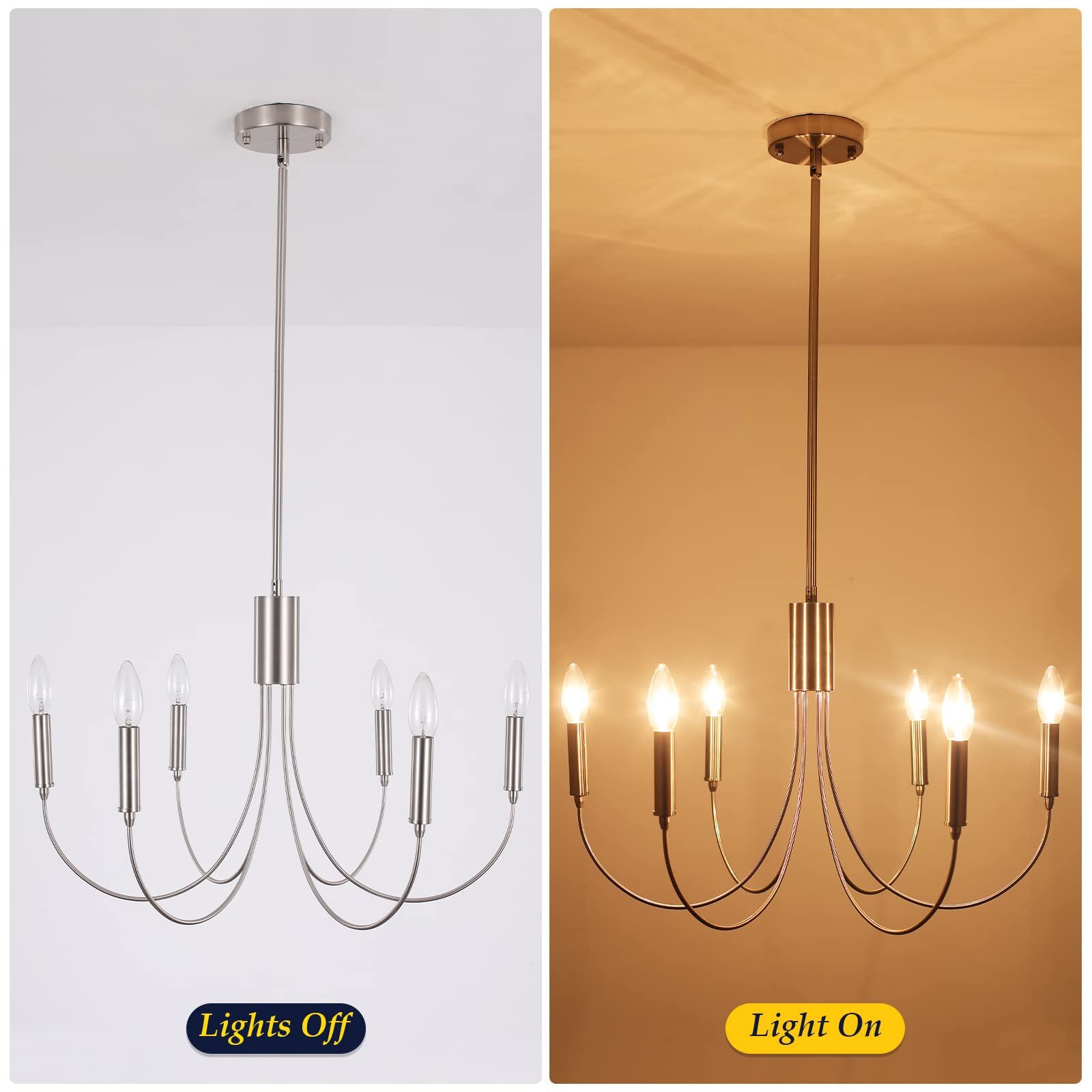 Modern Chandeliers for Dining Room, 6-Lights Vintage Farmhouse Chandeliers, Large Brushed Nickel Hanging Light Fixture for Dining Room Kitchen Island Living Room, 23.6" Diameter, Adjustable Height