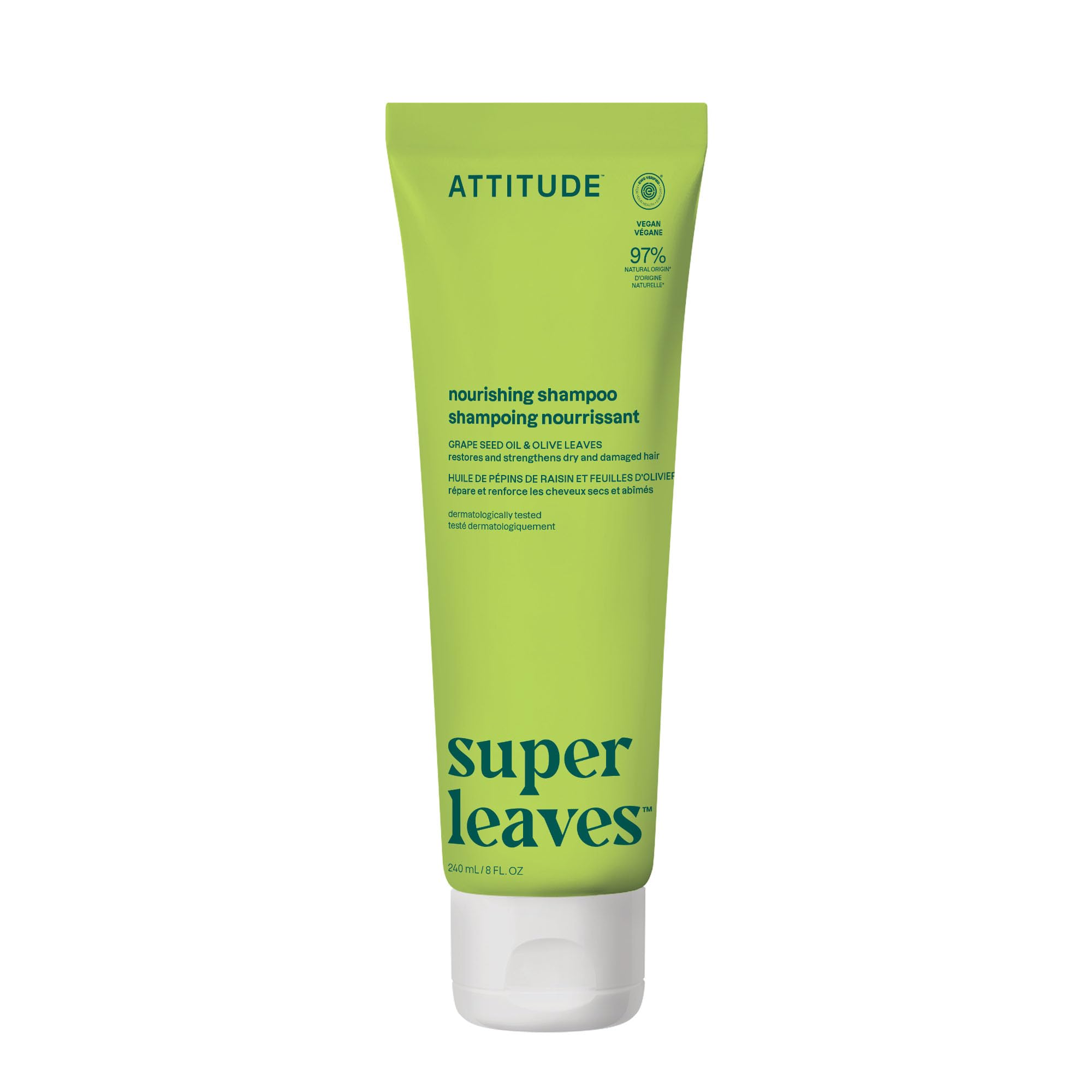 ATTITUDE Nourishing Hair Shampoo, EWG Verified, For Dry and Damaged Hair, Naturally Derived Ingredients, Vegan, Plant Based, Grapeseed Oil and Olive Leaves, 240 mL
