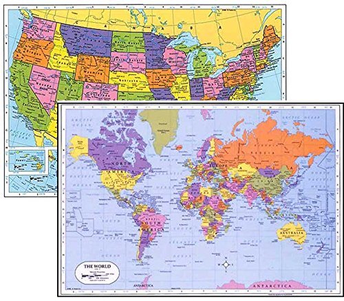 Painless Learning World Placemat + USA Placemat, Laminated Educational Placemats (2)