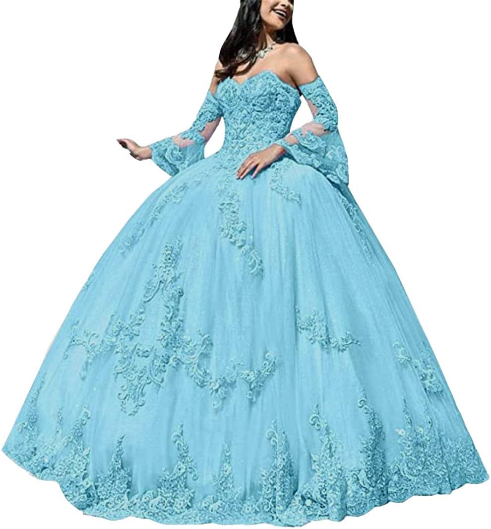 EmmaniWomen's Long Sleeve Sweetheart Quinceanera Dresses Lace Appliques Beaded Ball Gown