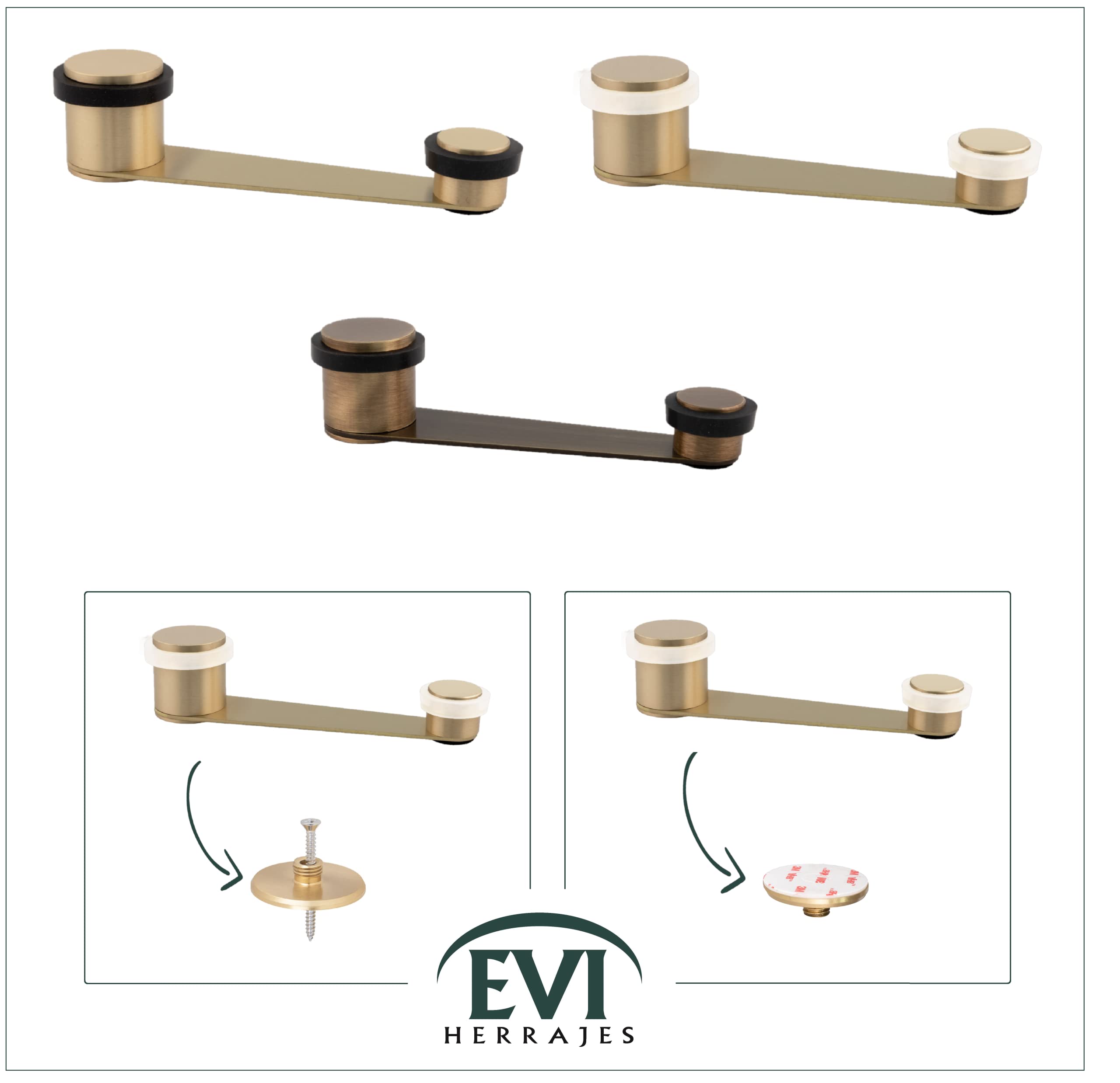EVI Herrajes | Fermaporta con fermo gireole| Per porta fino a 70mm di spessore|Ottone con finitura in Pelle e Gomma Nera| Compresi utensile, vite + tassello di fissaggio| I-152DUALCU