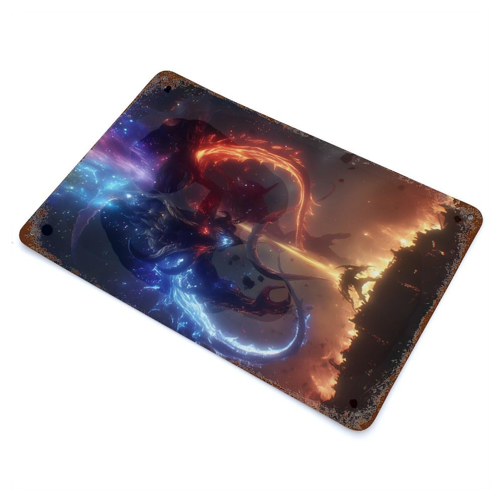 Cosmic Dragon Battle Vintage Wall Sign 11.8"x7.9", Rust Effect Metal Decor for Basement, Hobby Room And Garage Decor
