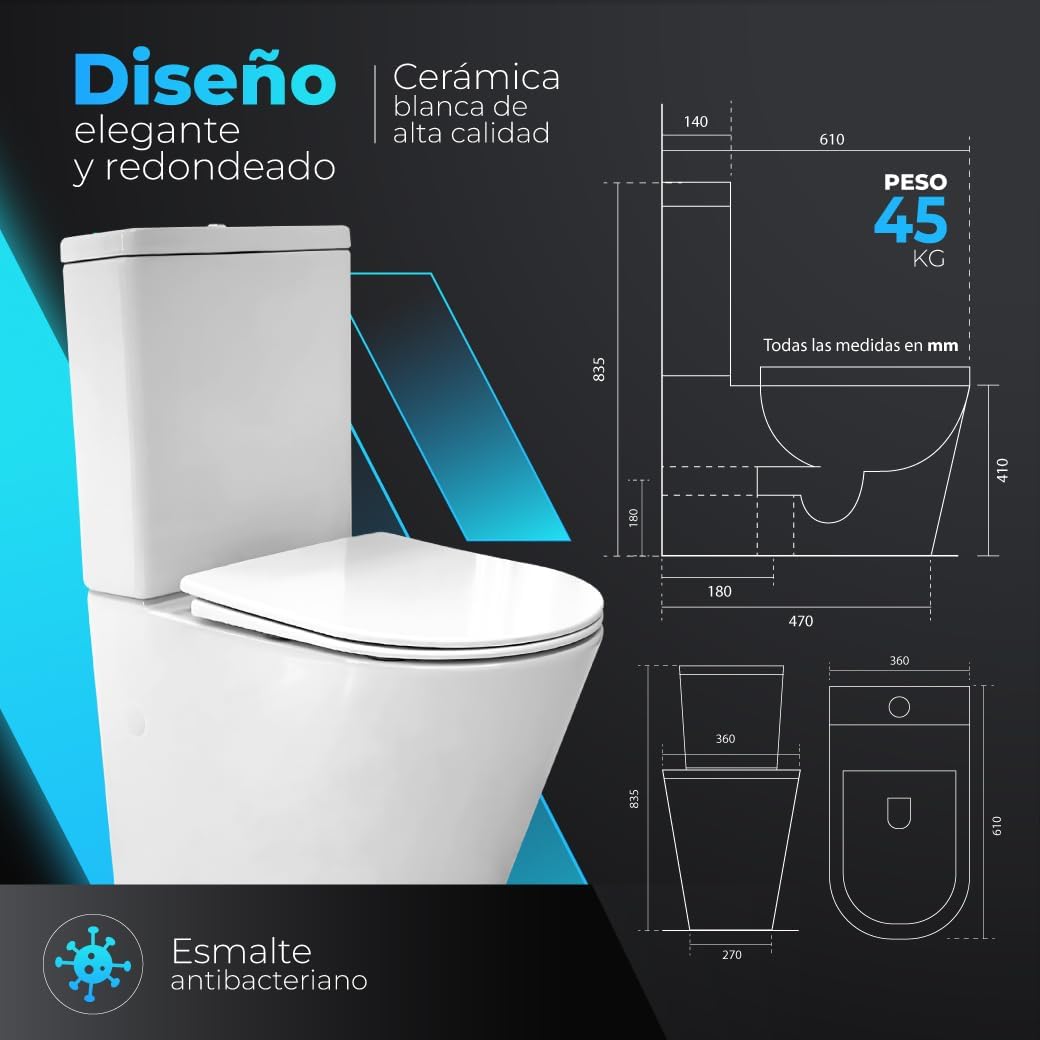 Inodoro Completo,Inodoro Blanco, Retrete para Hogar VENECIA Sistema Rimless Antibacterias Tapa Dura Extrafina Amortiguada Salida Dual