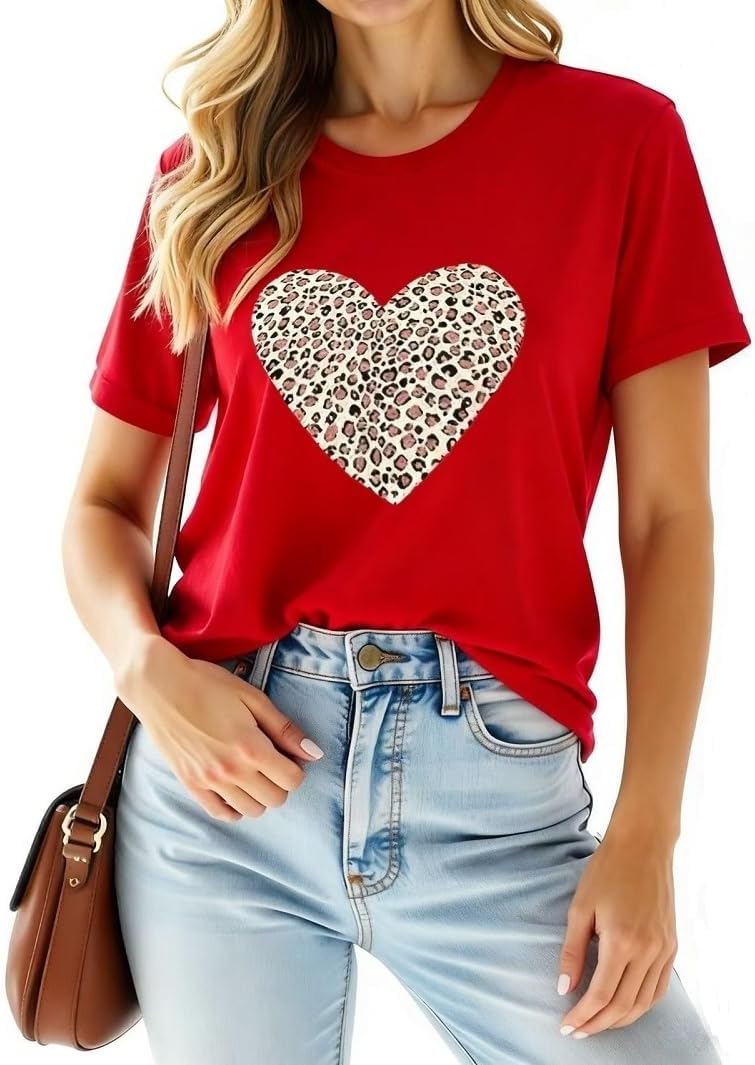 Womens Valentines Shirts Leopard Cute Love Heart Leopard Graphic Tee Short Sleeve Casual Heart Tops Mother's Day for Her,Red