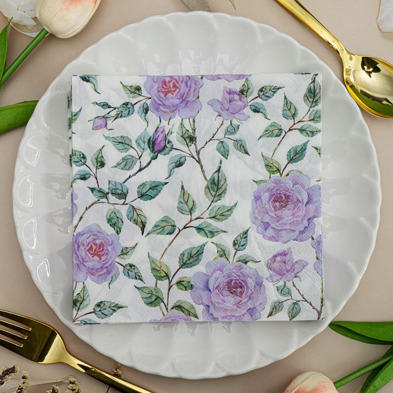 Tovaglioli di Carta Viola Fiore Verde Tovaglioli Decorati Per Decoupage Bar Compleanno Carta Igienica Tovagliolo Decorazione Da Tavola Usa e getta Per Matrimoni Feste 30 Packs(33x33cm)