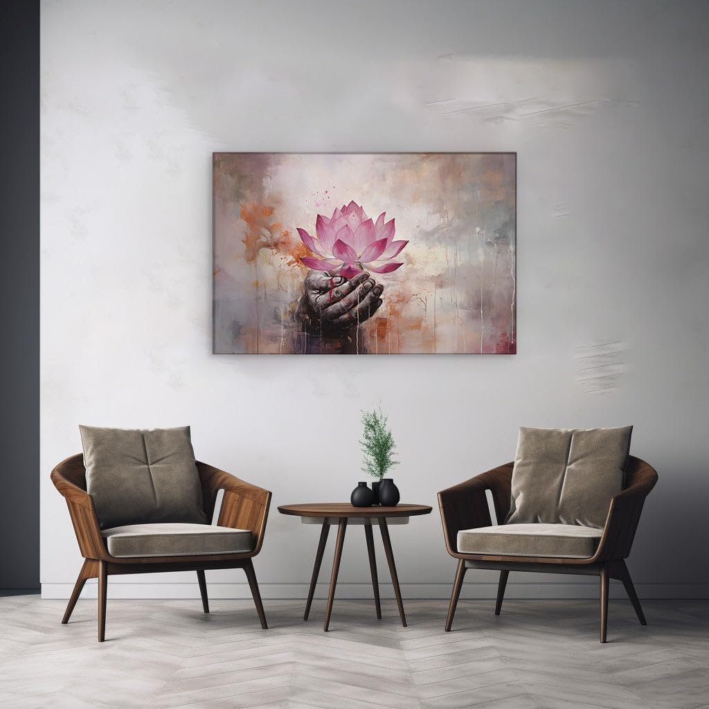 Art Wall: The Embrace Of Tranquility And Chaos - a Hand Cradling a Luminous Lotus Amidst Vivid Colors. Interior Decor, Canvas Art Design, Art Apartment Decoration. Size: 69x46 cm (27x18 inch)