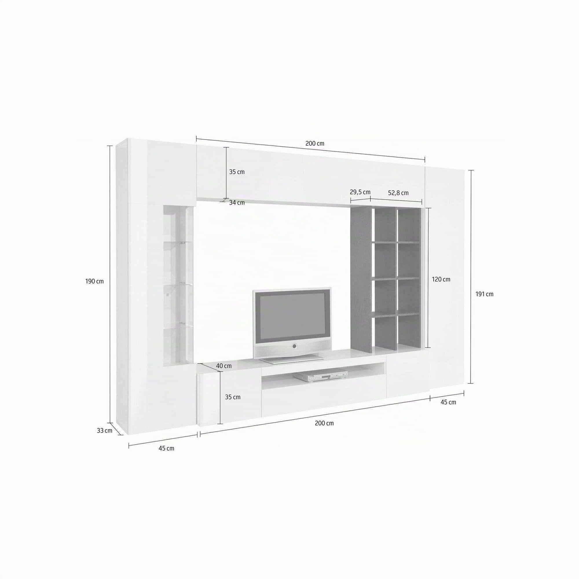 Dmora Parete Attrezzata Ocean 40x290x192h cm Bianco Lucido 20 Ripiani 24 Vani, 6 Ante Made in Italy