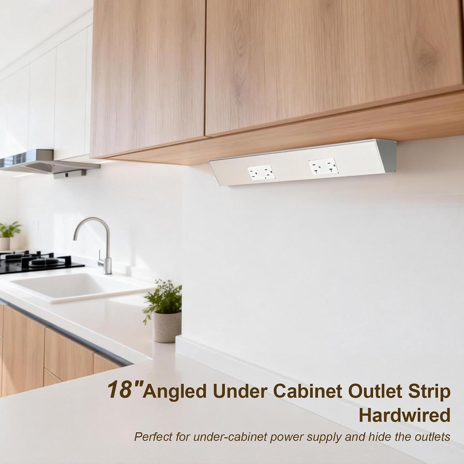 18" Angled Under Cabinet Outlet Strip Hardwired, 2 x 15 Amp Duplex Outlets, GFCI Under Cabinet Outlets, Solid Aluminum Structure and Quality Finish, Pre-Wired for Easy Installation, 2-Year Warranty