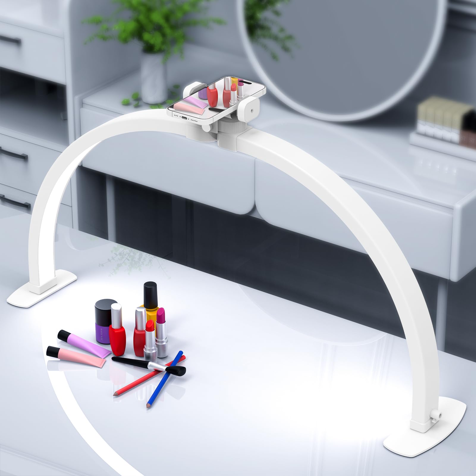 Bezvill Foldable Large Half Moon LED Light for Table Nail Desk with Phone Stand, Upgrade Arch Light for Nail Techs with Wire Controller for Manicure Tattoo Beauty (White, Large)