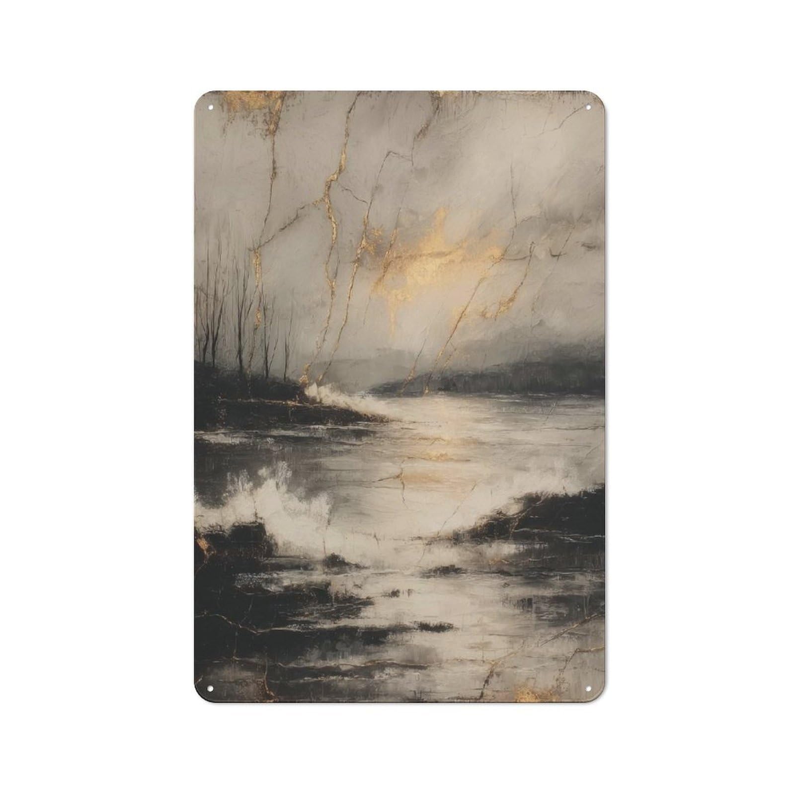 Junmoney Kintsugi Coastal Landscape In Gold Metal Wall Plaque 30X20cm, Simple Retro Office Wall Decor For Office, Study, Studio Or Hallway