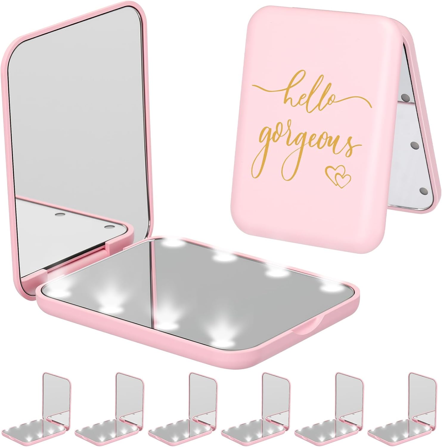 6 Pcs Hello Gorgeous Compact Mirror Pink 1x/2x Magnification Makeup Mirror Pocket with LED Light for Purse, Travel, Gorgeous Gift for Woman Mother Nurse Bridesmaid Sleepover Spa Party