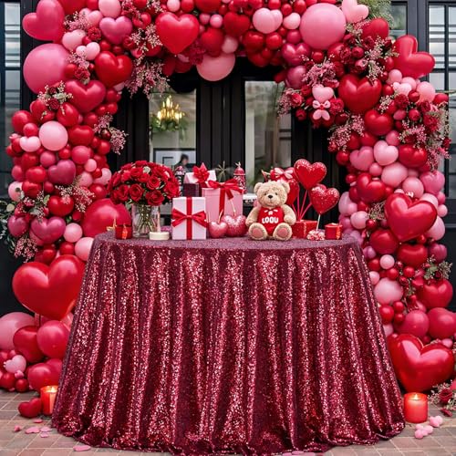 Image of B-COOL Sequin Tablecloth Birthday Party Decor: 120 Inch Round Table Cloth Glitter Fabric Overlay for Indoor Outdoor Dining Parties Home Valentines Christmas Burgundy