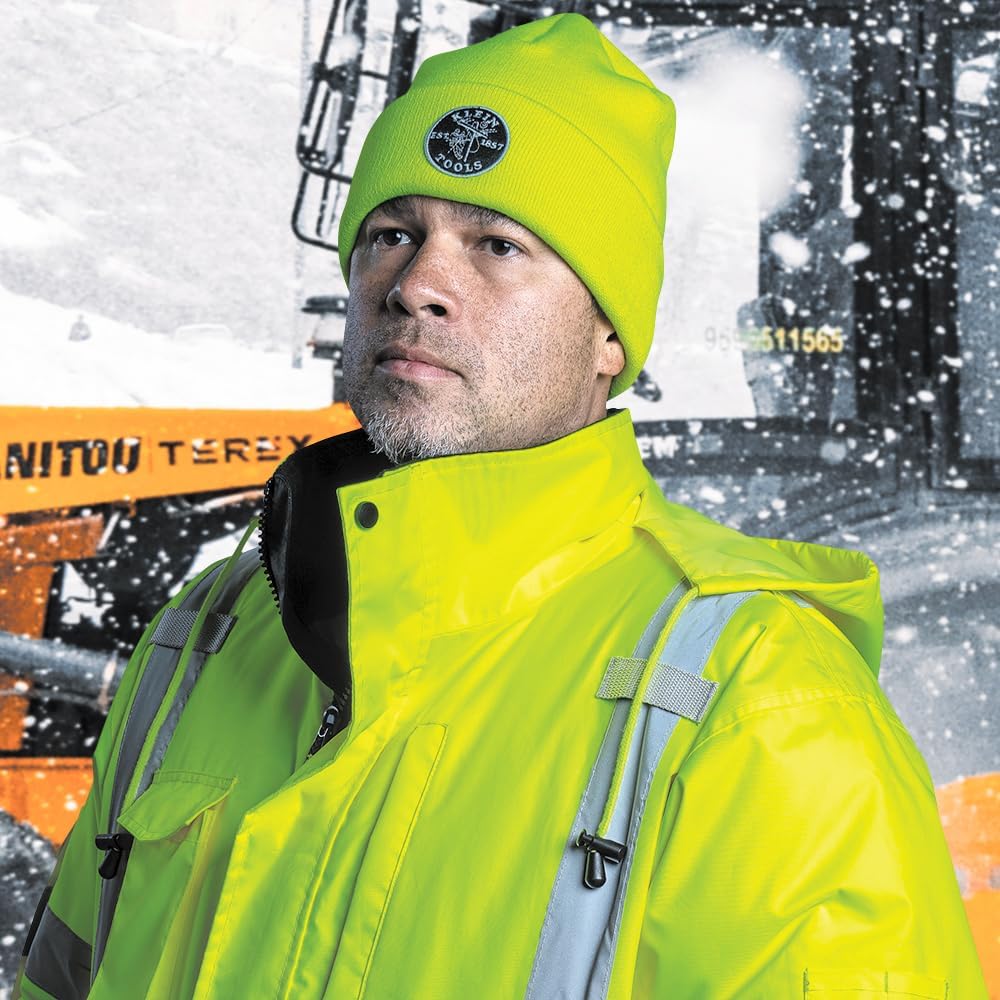 Klein Tools 60568 Heavy Knit Hat with Wide Cuff, Yellow, One Size Fits Most, Vintage Patch Logo