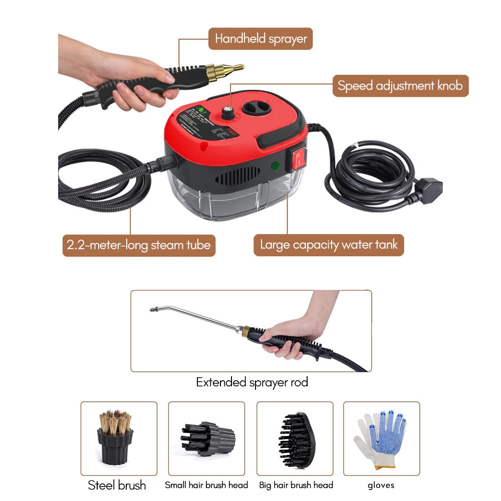 Decdeal Nettoyeur à Vapeur Portable Portable 2500W Machine de Nettoyage à Vapeur Sous Pression Haute Température avec Brosses et Gants pour Meubles de Cuisine Voiture de Salle de Bains