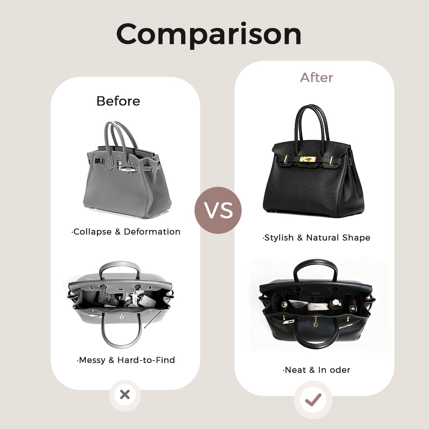 ZTUJO Silky Purse Organizer For Birkin, Luxury Purse Organizer Insert (Black, BK25)