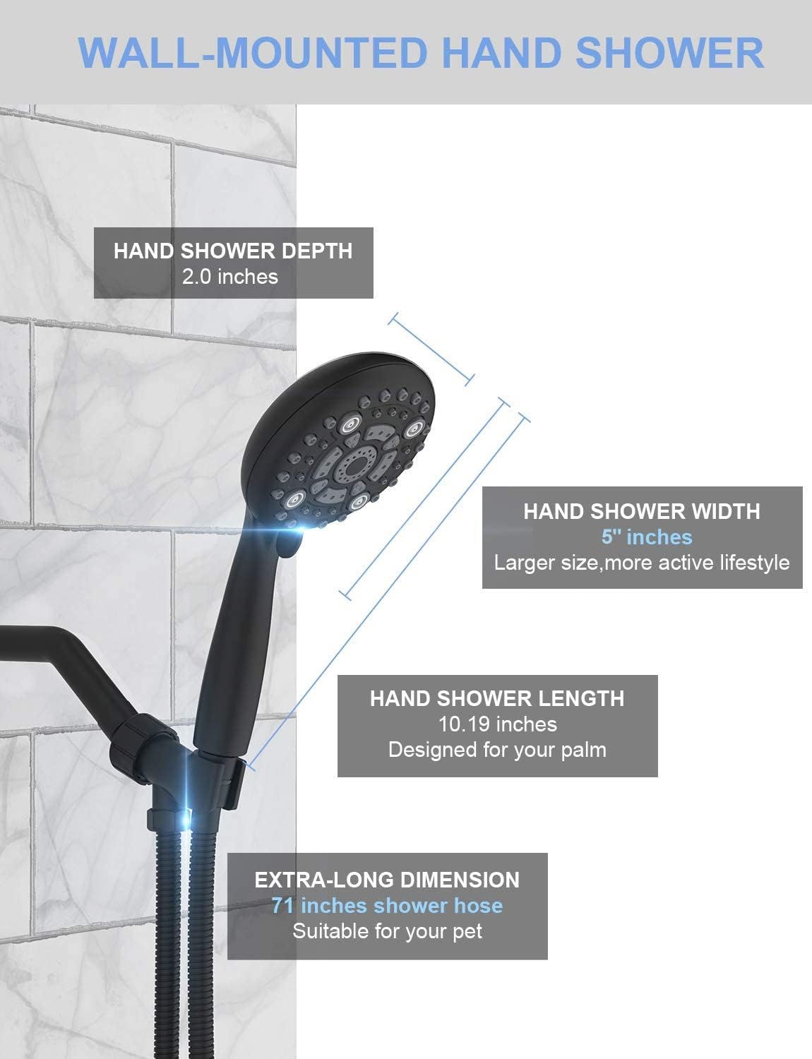 Shower Head, SR SUN RISE 6-Settings 4.8" High Pressure Handheld Shower Head Set with 1.8 Meter/71 Inch/ 5.9 FT Long Shower Hose and Shower Bracket, Black
