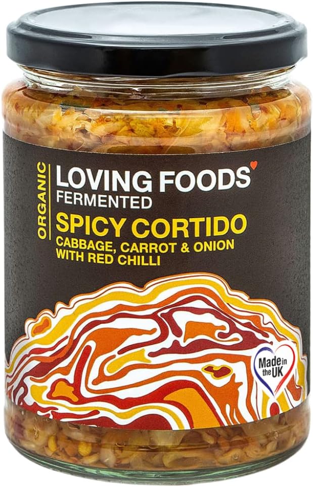 Loving Foods *Organic & Made in the UK* Spicy Cortido Sauerkraut (475g) Raw, Unpasteurised & Bursting with Beneficial Live Bacteria (1 x Jar)