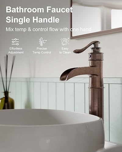 Miniatura 6 de BWE Grifo de fregadero de cascada de cobre antiguo con tapón de drenaje desplegable sin desbordamiento y líneas de suministro, una manija, lavabo de