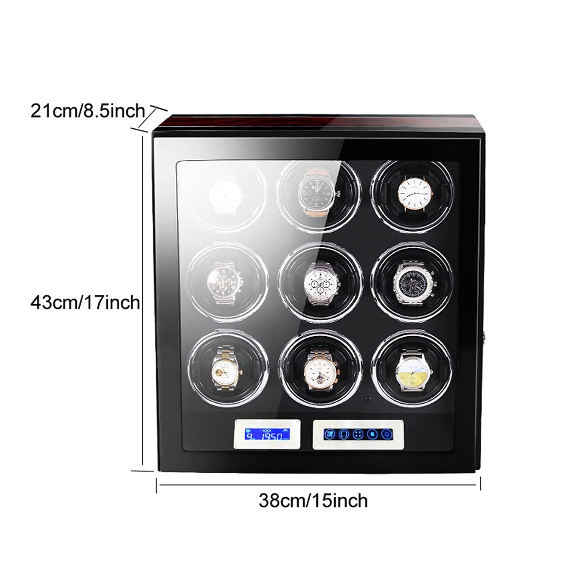 Enrollador de Relojes Enrollador de Relojes para Relojes automáticos Dobles, Almohadillas Ajustables mejoradas para Relojes, con Pantalla táctil LCD y Control Remoto Fibr，Ebony Black-A
