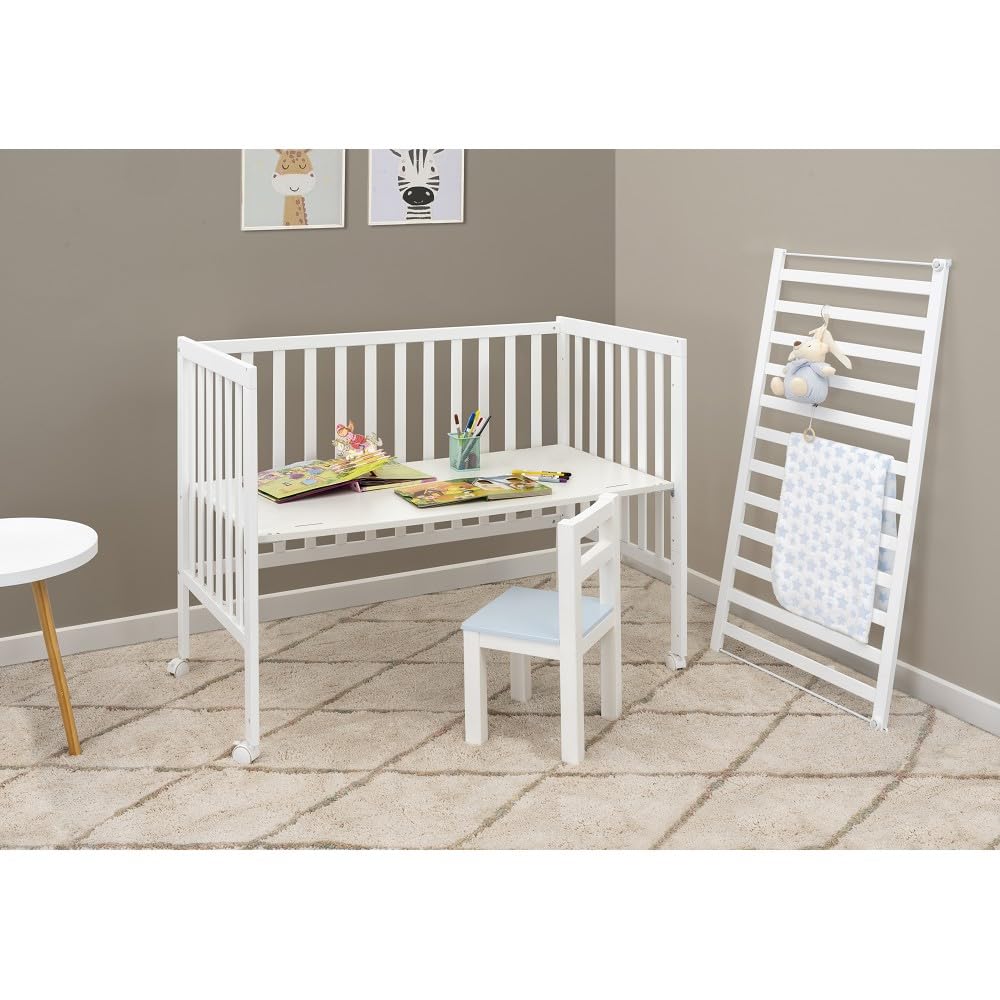 Interbaby Cuna Bebé Colecho Convertible 120x60 Evolutiva Madera (Blanco) | Cuna colecho evolutiva madera, altura regulable, ruedas con freno, convertible en escritorio y sofá