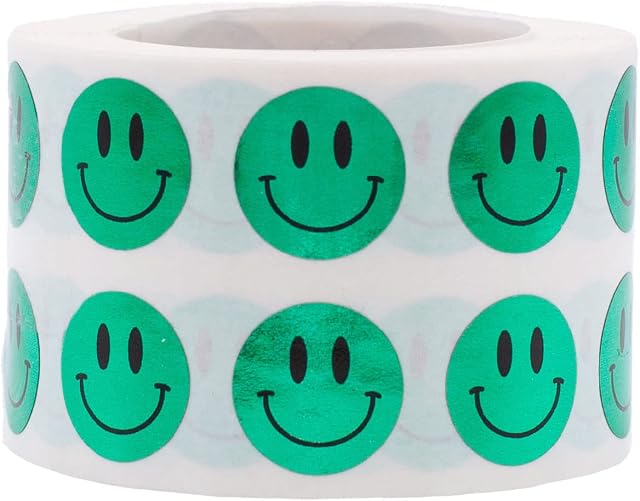 Metallic Green Happy Face Stickers 12.7 mm 0.5 Inch Round 1000 Count