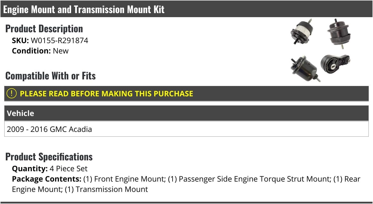 Engine and Transmission Mount Kit - 4 Piece - Compatible with 2009-2016 GMC Acadia