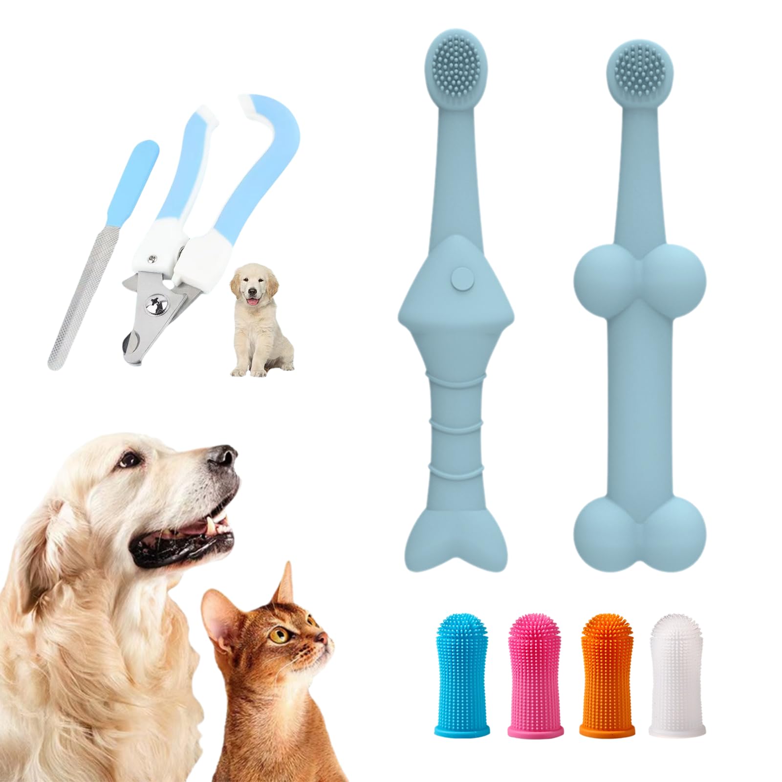 PEIFUKO 360º Dog Toothbrush Set, Cat Toothbrush, Dog Dental Cleaning, Dog Finger Toothbrush, Large and Small Pet Dog Toothbrush, Dog Toothpaste Not Included, 8-Piece Pet Nail Trimmer and Nail File Set