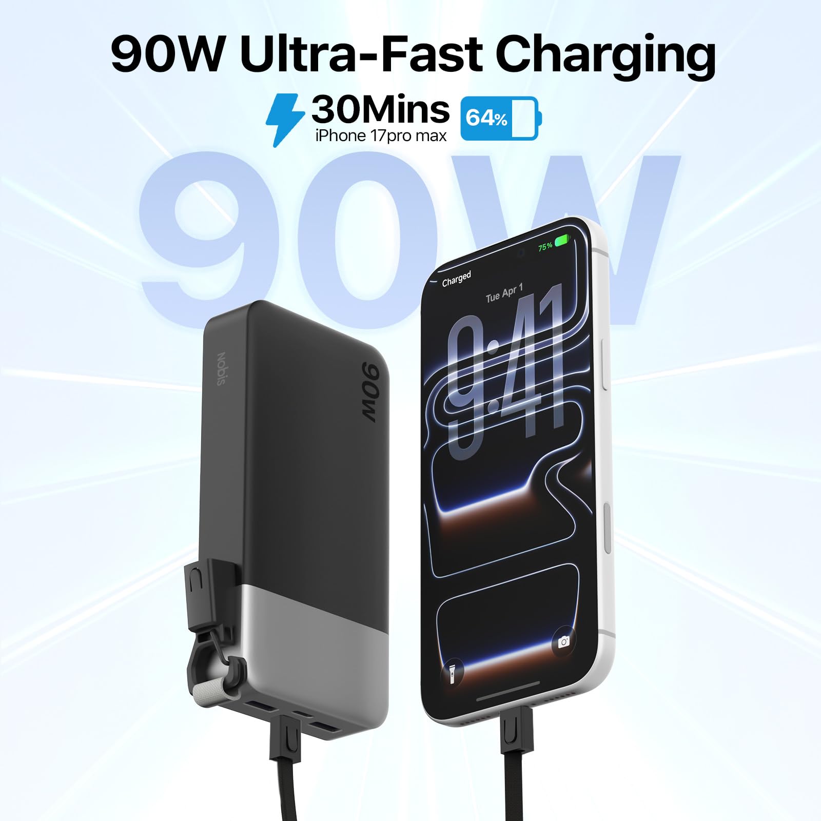 NOBIS Power Bank 20000mAh 90W Caricatore Portatile per Laptop | Powerbank con Ricarica Rapida Cavo C-C Staccabile Display Digitale e 4 Porte (2 USB-C + 2 USB-A) per iPhone Android e Tablets