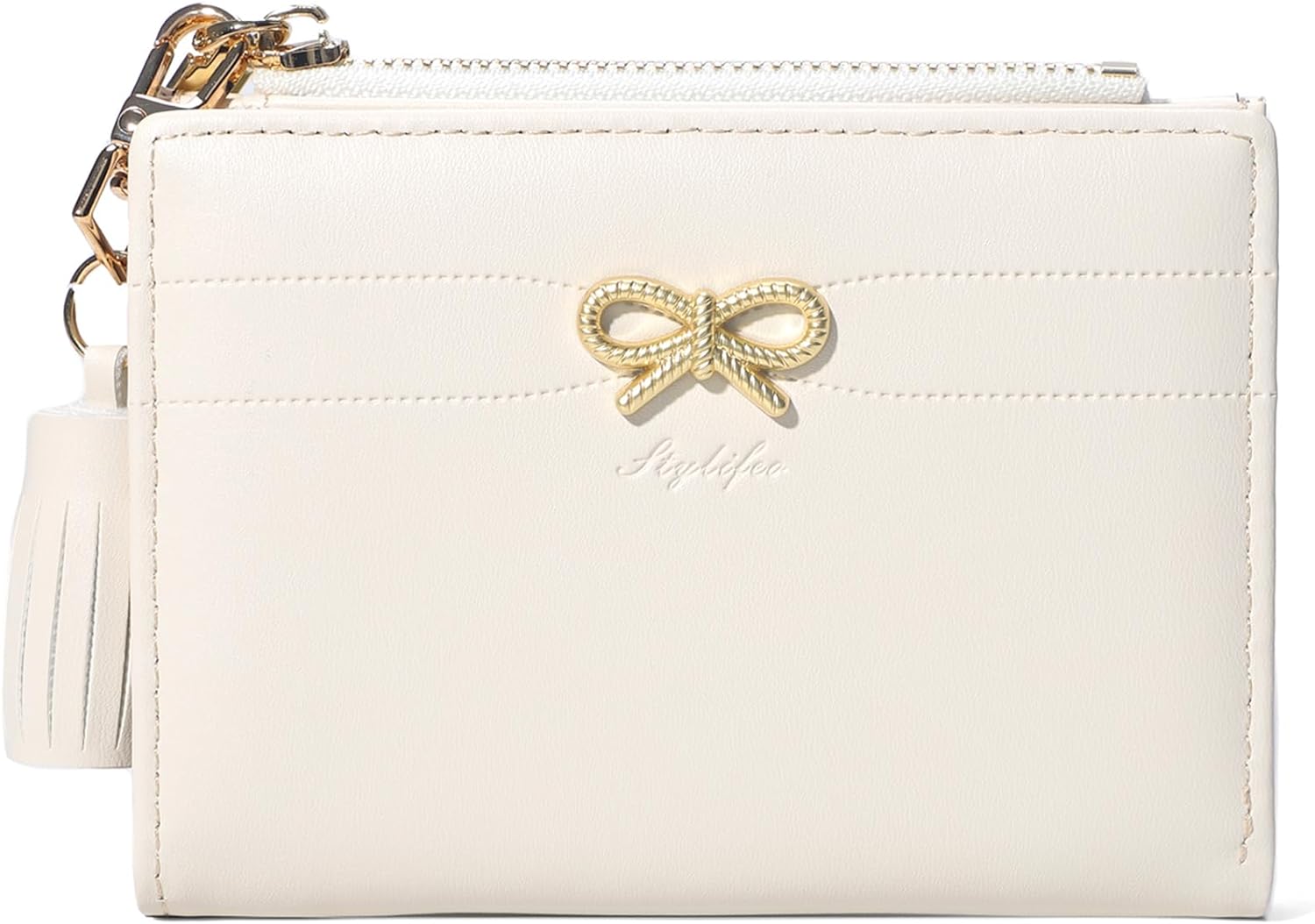 Fashion Wallets Girls Cute Small Bow Wallet Aesthetic Card Holder Bifold Wallet Coin Purse Cash Pocket with Zipper for Women, Begie, Cute