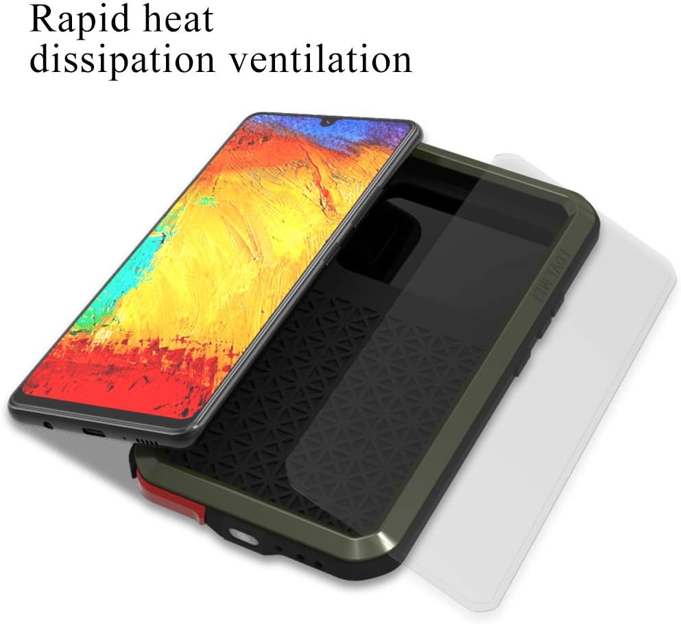 LOVE MEI Military Rugged Case for Samsung Galaxy A42, with Tempered Glass Screen Protector, Shockproof Dustproof Scratch Proof Hybrid Metal and Silicone Gel Heavy Duty Full Body Cover (Green)